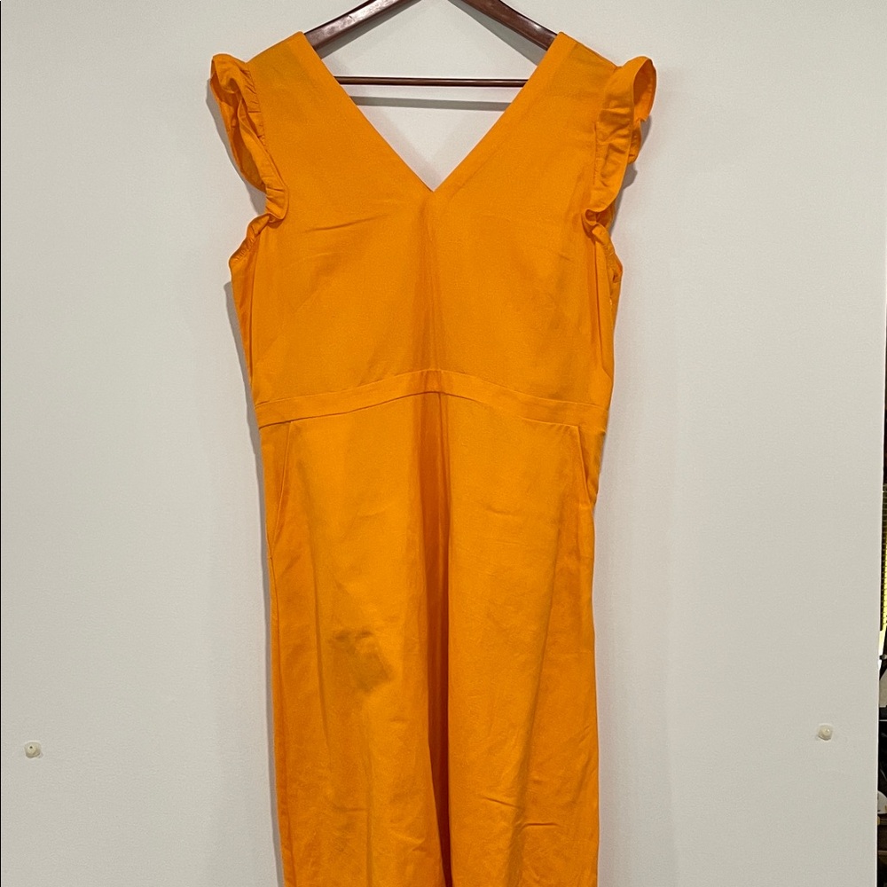 LOFT Vibrant Yellow Linen Midi Dress with Ruffle Detail and Pockets